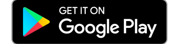 A black and white google play button with the words 